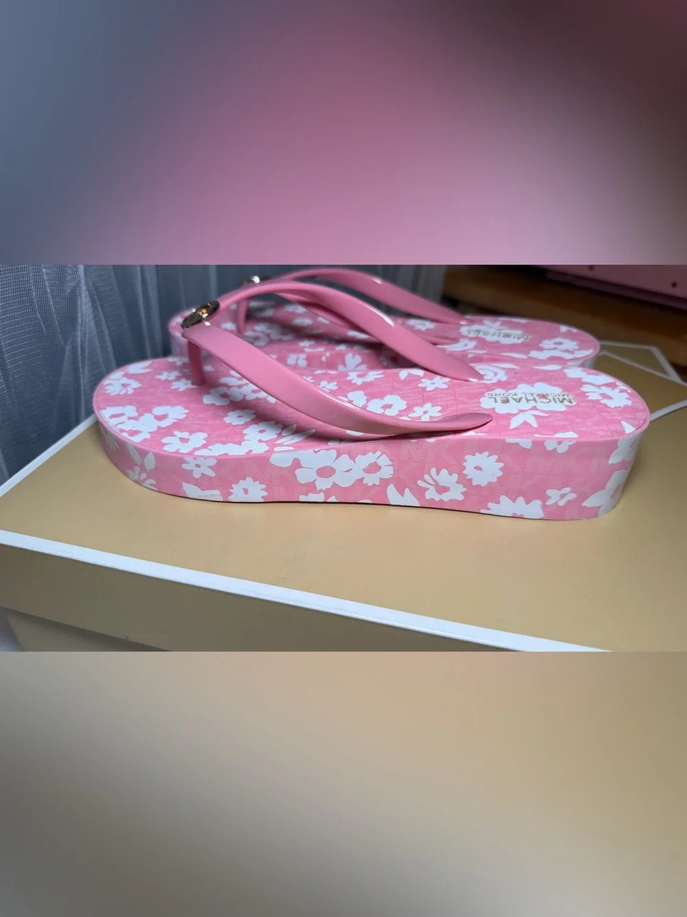 Michael Kors Pink Floral Platform Flip Flop Sandals